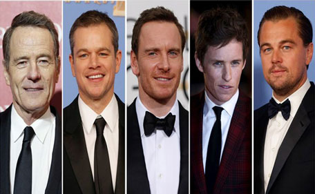 (L to R) Bryan Cranston, Matt Damon, Michael Fassbender, Eddie Redmayne, and Leonardo DiCaprio.