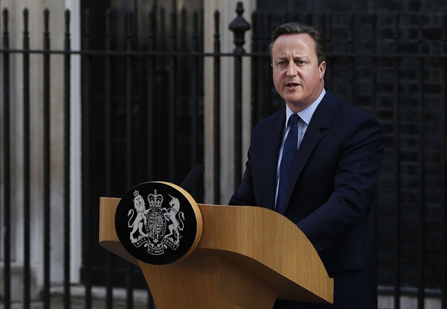 British Prime Minister David Cameron speaks to the press in front of 10 Downing street in central Lo